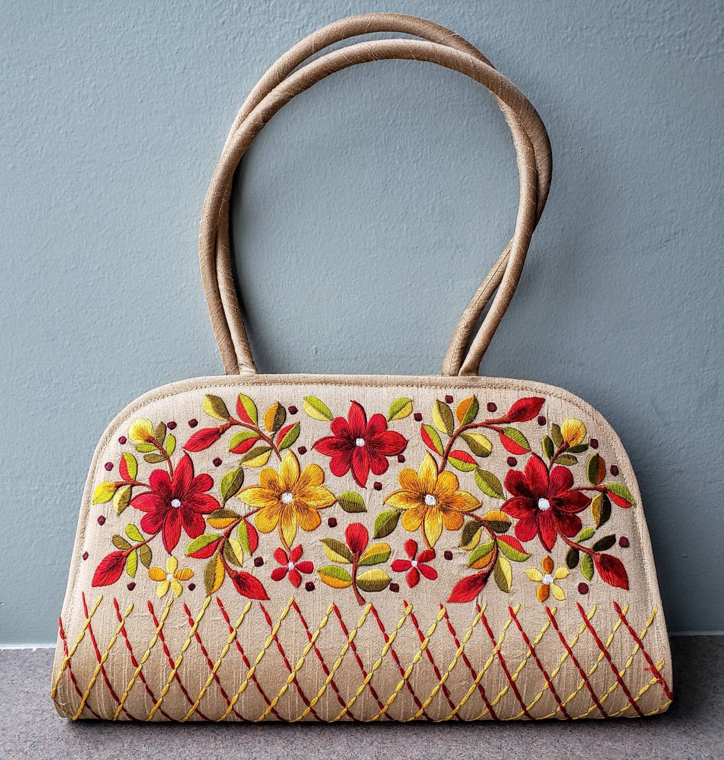 RESERVED FOR LEAH Floral embroidered beige top handle bag, purse with ...