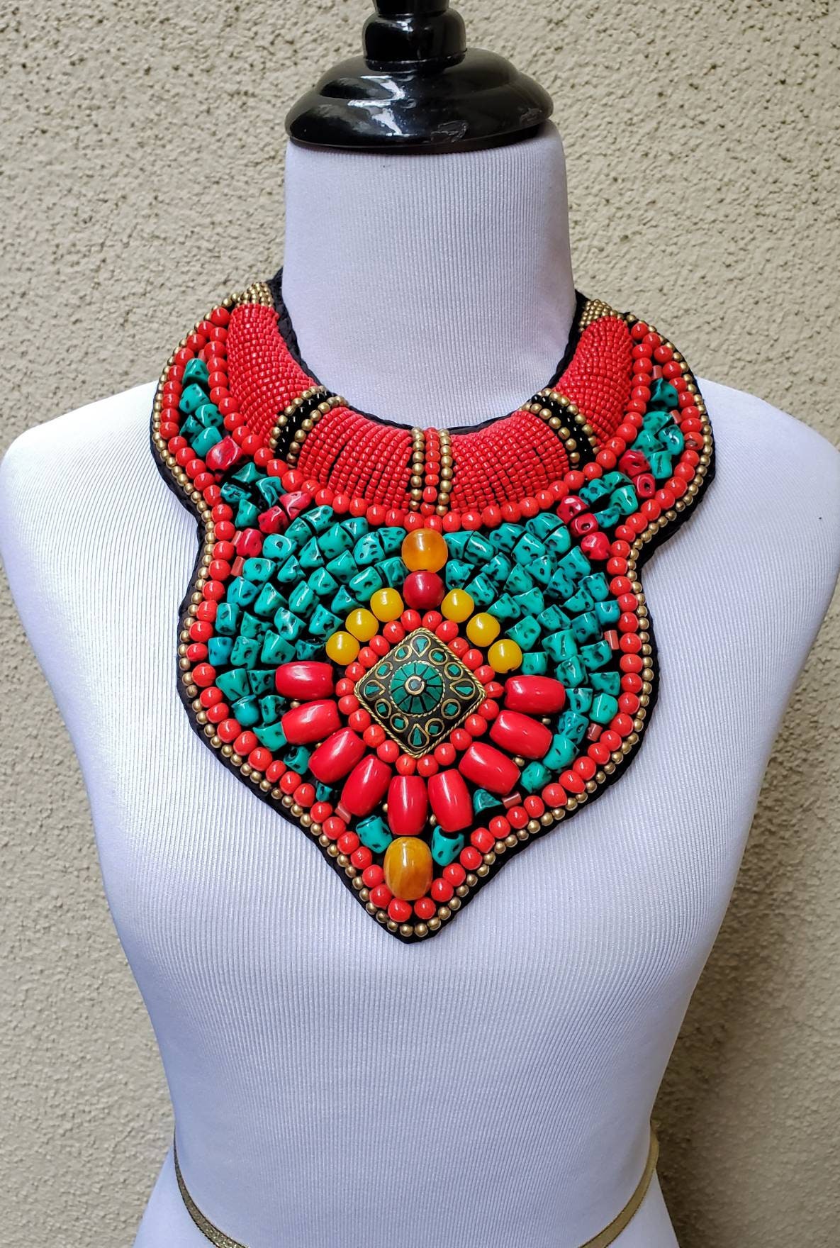 Complete your look with this striking handmade beaded Tibetan bib collar ne...