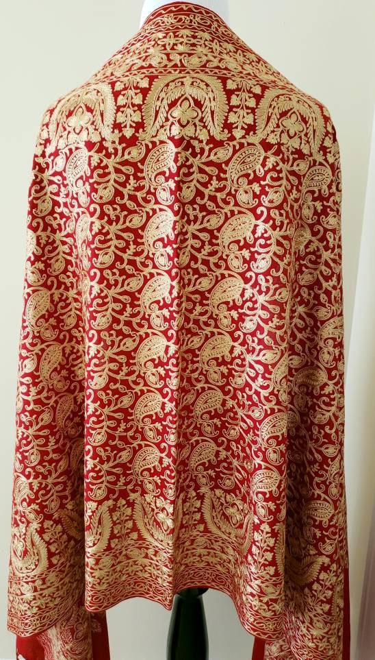 Embroidered red wool shawl, beige and red shawl, paisley evening shawl ...