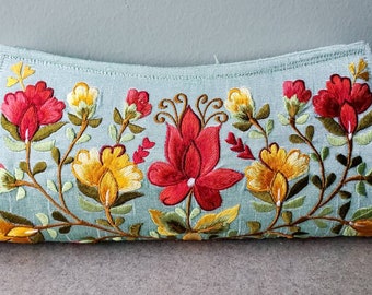 Mint green silk clutch embroidered with red and yellow flowers, lightweight clutch,bridal clutch,wedding clutch,gift for her,gift for friend