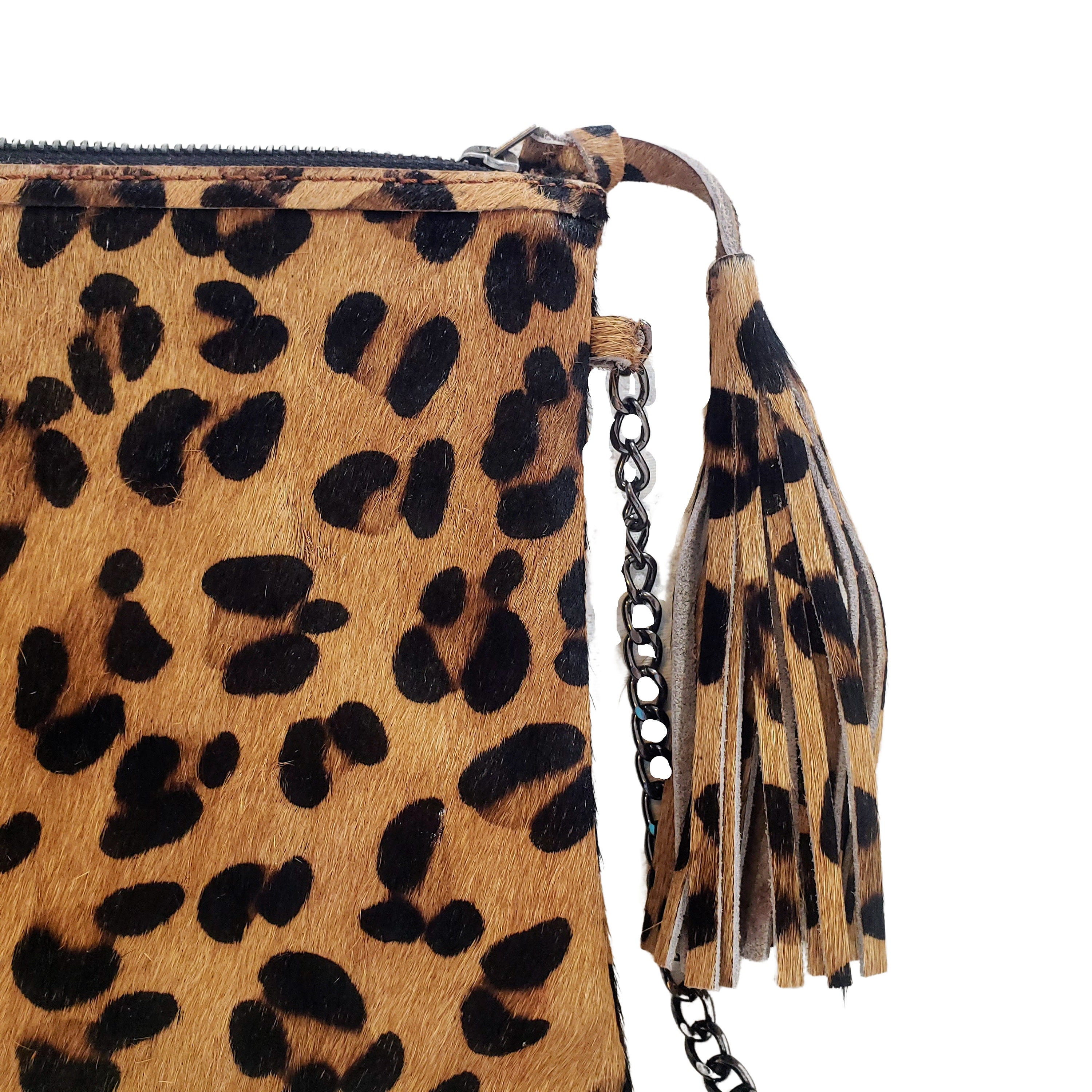 Leopard print leather crossbody bag, hair on hide small pouch bag with  chain, handmade animal print leather clutch, western wear rodeo purse