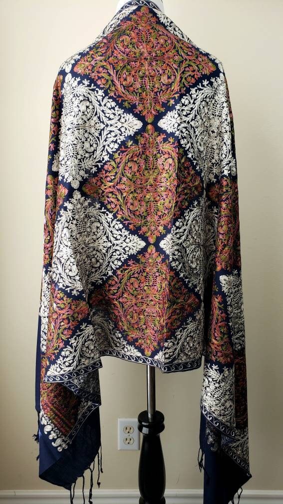 Navy blue embroidered evening shawl, navy shawl, lightweight scarf