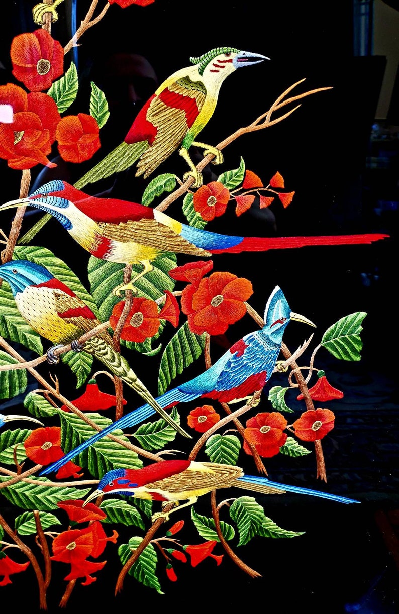 Birds of Paradise Embroidered Tapestry Framed Silk Tapestry Etsy