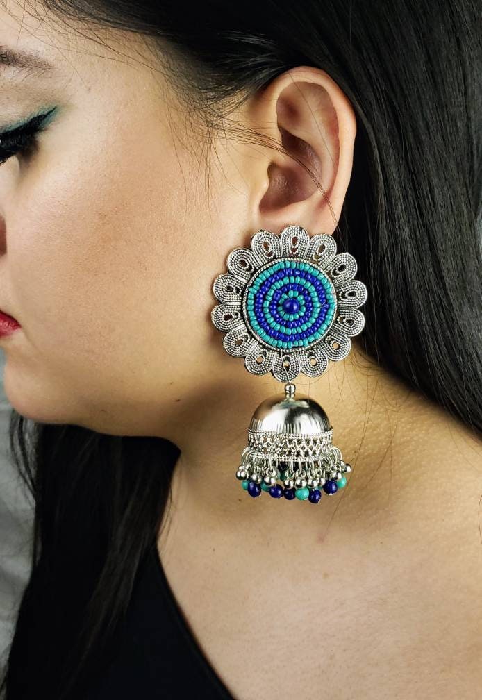Large beaded jhumka earrings Indian jhumka silver jhumka Etsy