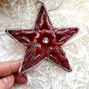 Hand made red silver star Christmas ornament, hand embroidered velvet Christmas decoration, holiday gift tag, wine gift tag,wreath, vintage image 2