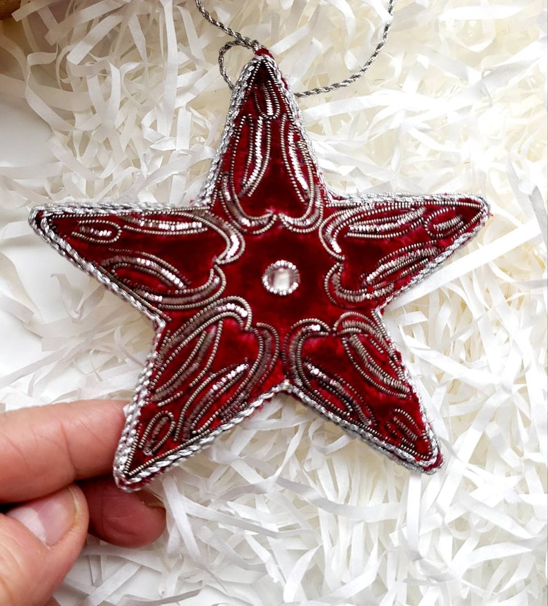 Hand made red silver star Christmas ornament, hand embroidered velvet Christmas decoration, holiday gift tag, wine gift tag,wreath, vintage image 2