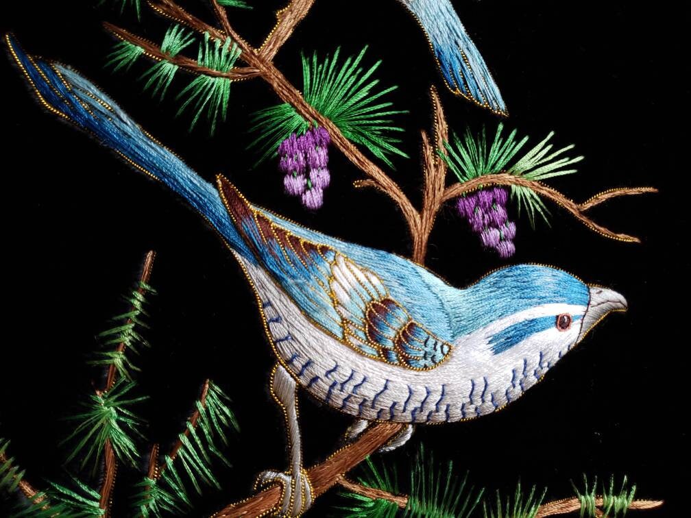 Embroidered Bird Wall Art Embroidered Blue Birds Needlepoint - Etsy