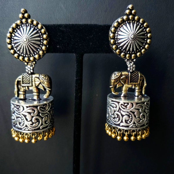 Elephant earrings, two tone India jhumka earrings with ghungroo, tribal earrings, ethnic earrings, elephant lover gift, animal lover gift