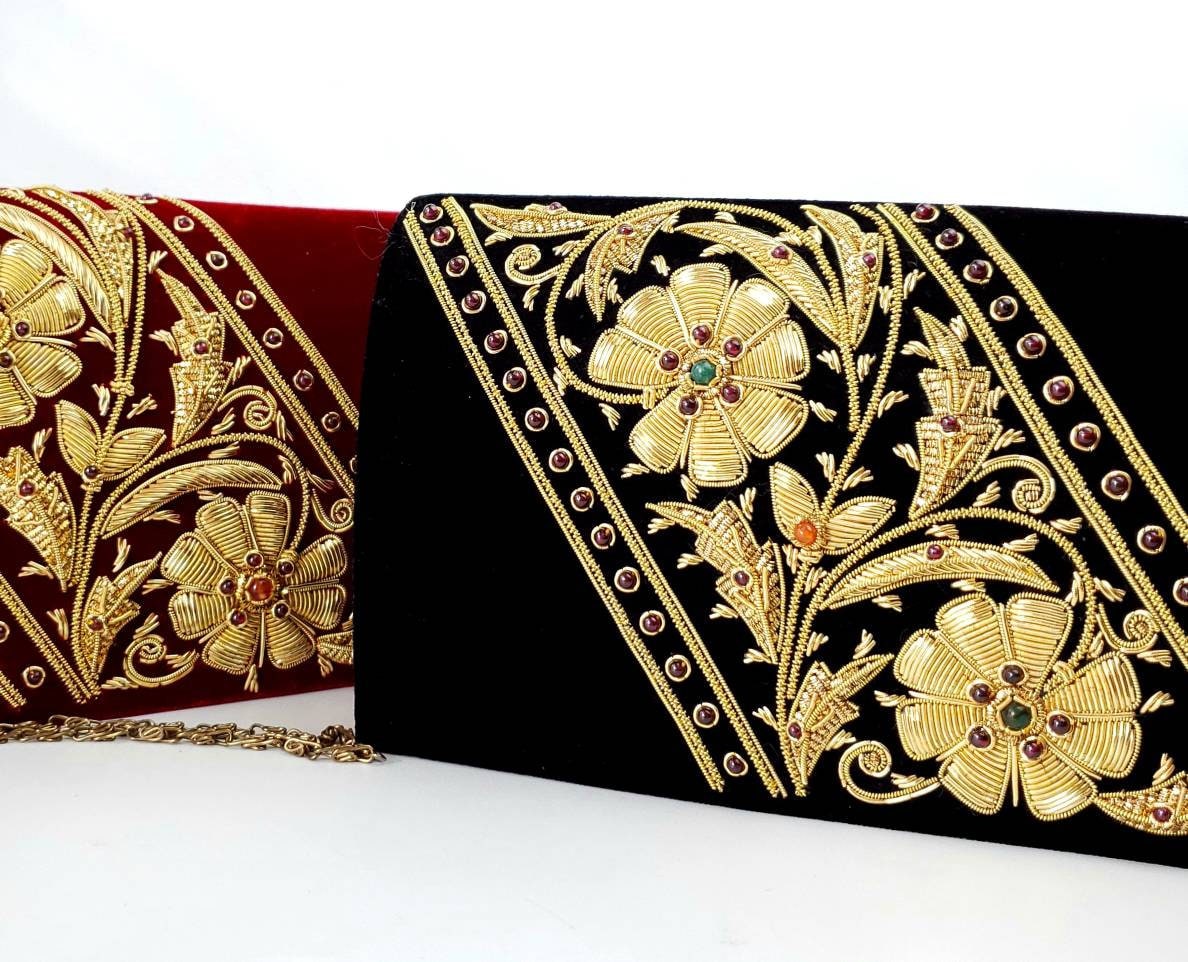 Luxury Black Velvet Evening Bag Embroidered with Gold Flowers, Black Gold Clutch Bag, Designer Bag, Formal Clutch, Party Clutch, Zardozi Bag