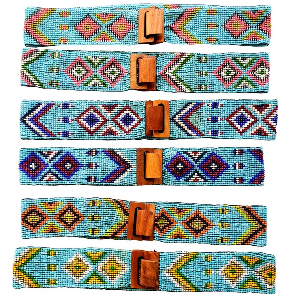 Turquoise blue beaded elastic stretch belt with wood buckle, women's western wear, rodeo accessory, boho hippie belt, adjustable cinch belt