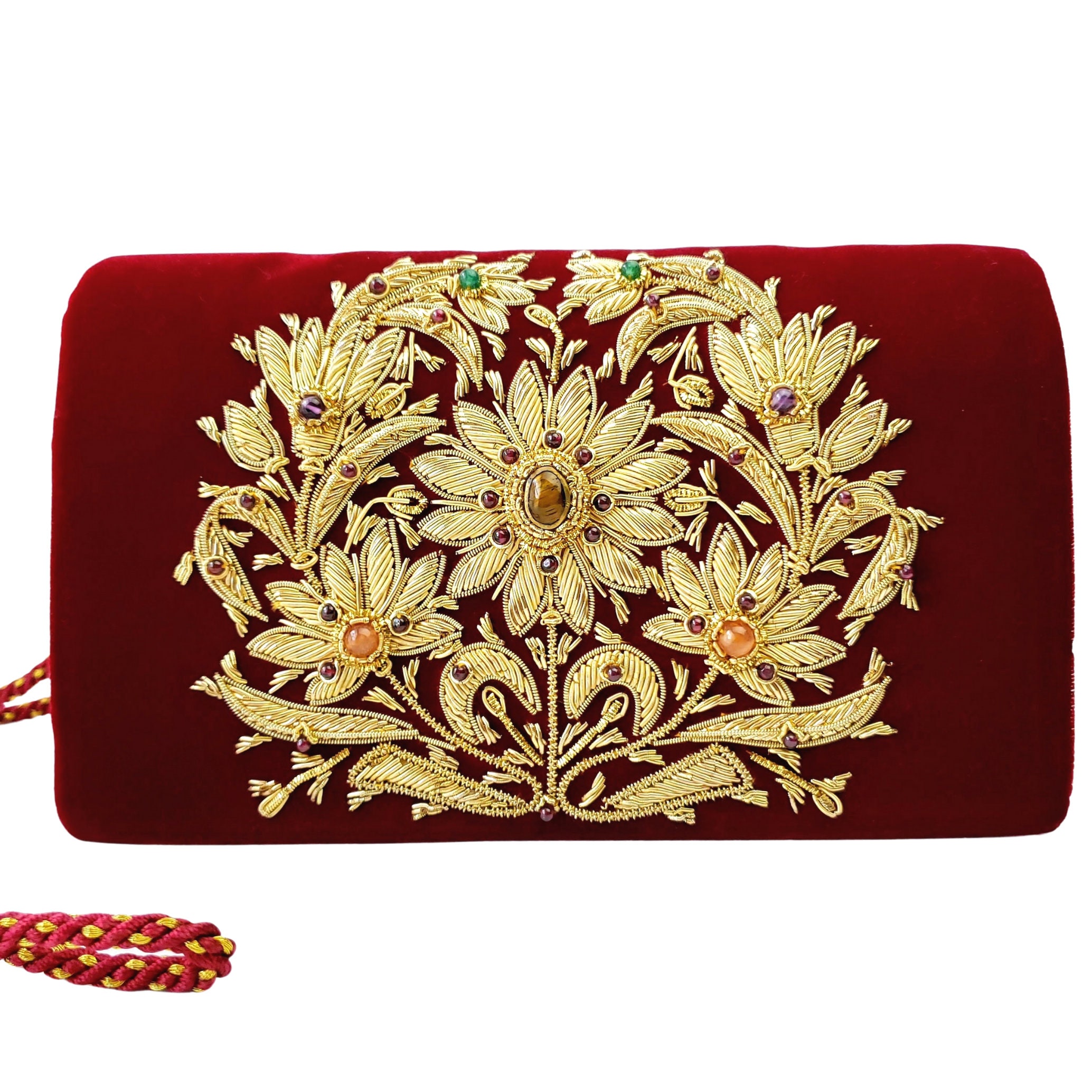 Burgundy red velvet and gold evening clutch bag, floral handbag