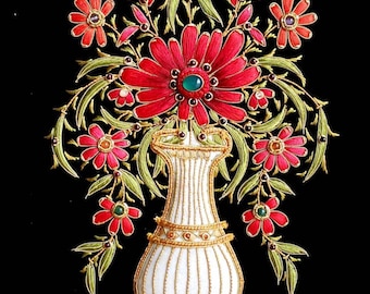 Hand Embroidered Floral Tapestry: Red Silk Flowers, Zardozi Art