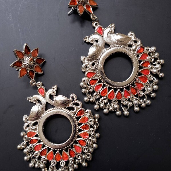 Afghani peacock hoop earrings, Indian chandbaali earrings, Indian tribal jewelry, Kuchi earrings,Rajasthani earrings,Afghani ethnic earrings