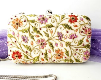 Ivory velvet floral clutch bag with rubies, embroidered luxury OOAK minaudiere, mother of bride wedding clutch, bridal purse, gift for bride