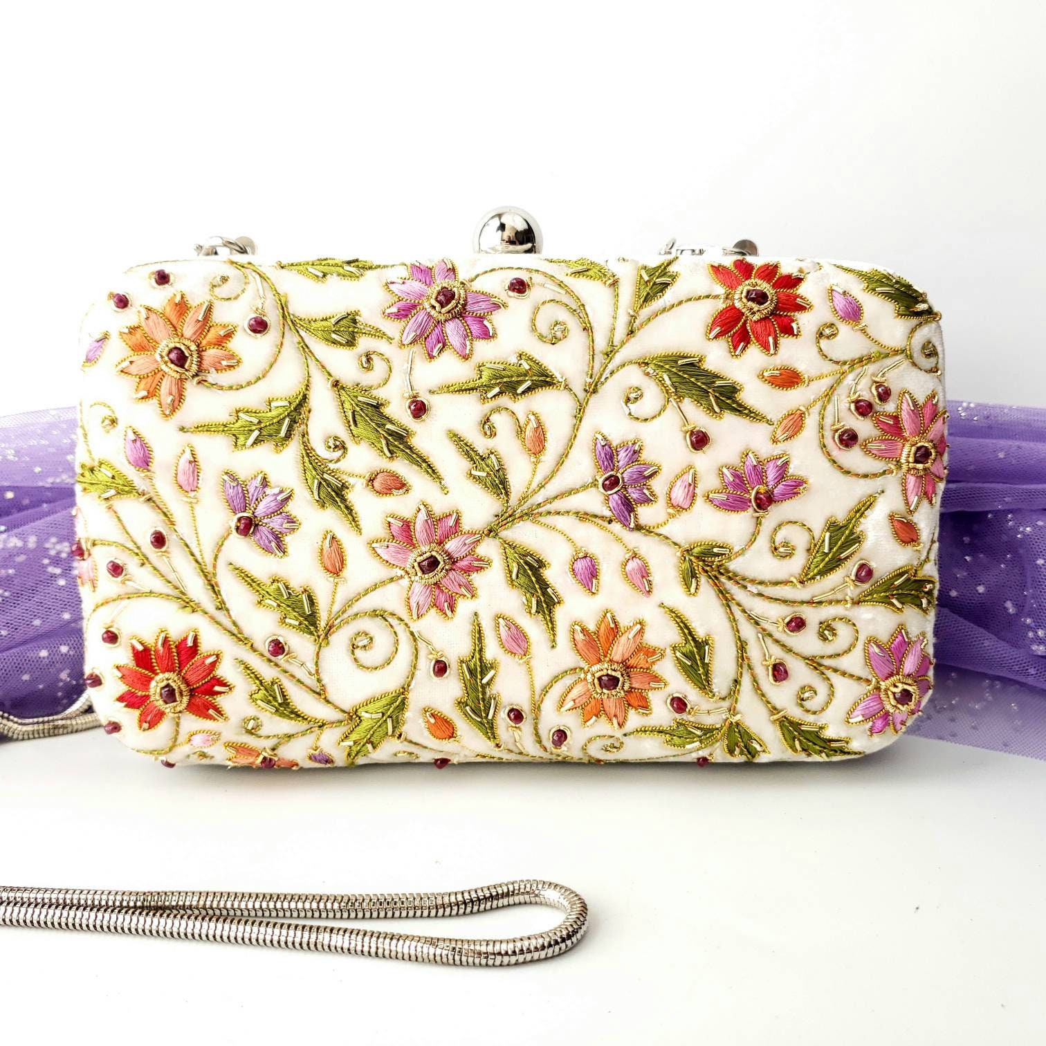 Luxury ivory velvet clutch bag hand embroidered with red flowers