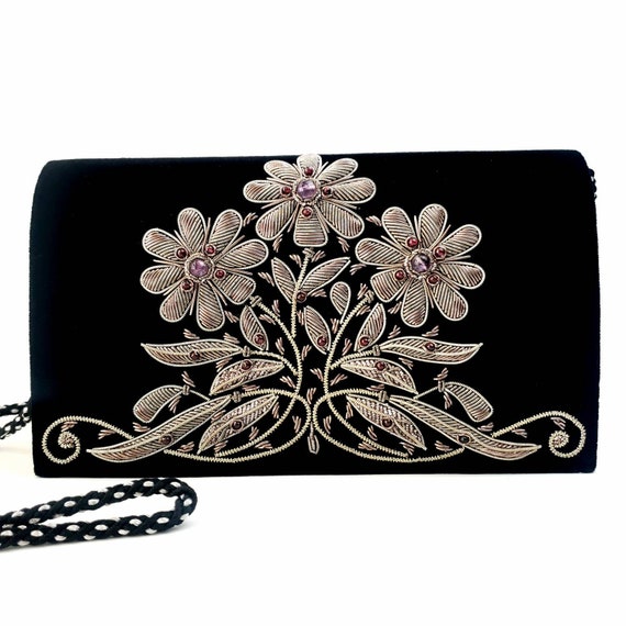 Luxury Black Velvet Evening Bag Embroidered with Antique Silver Flowers, Embellished Clutch, Zardozi Purse, Floral Designer Purse, Amethyst
