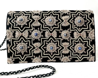Zardozi Velvet Evening Bag: Lapis Lazuli Embroidered Clutch