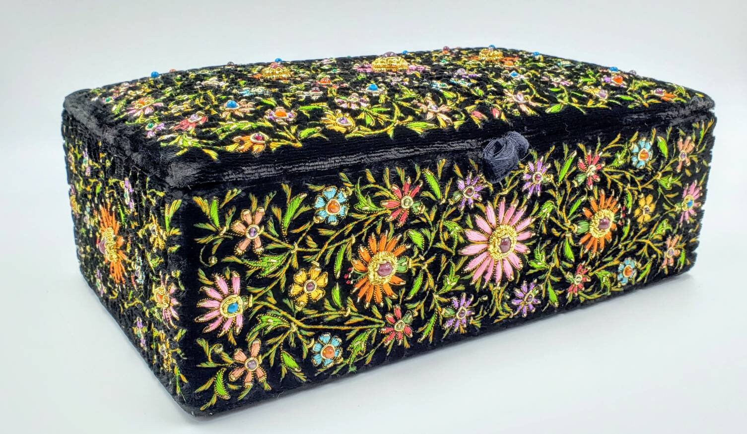 Handmade floral embroidered jewelry box, jeweled box with star rubies