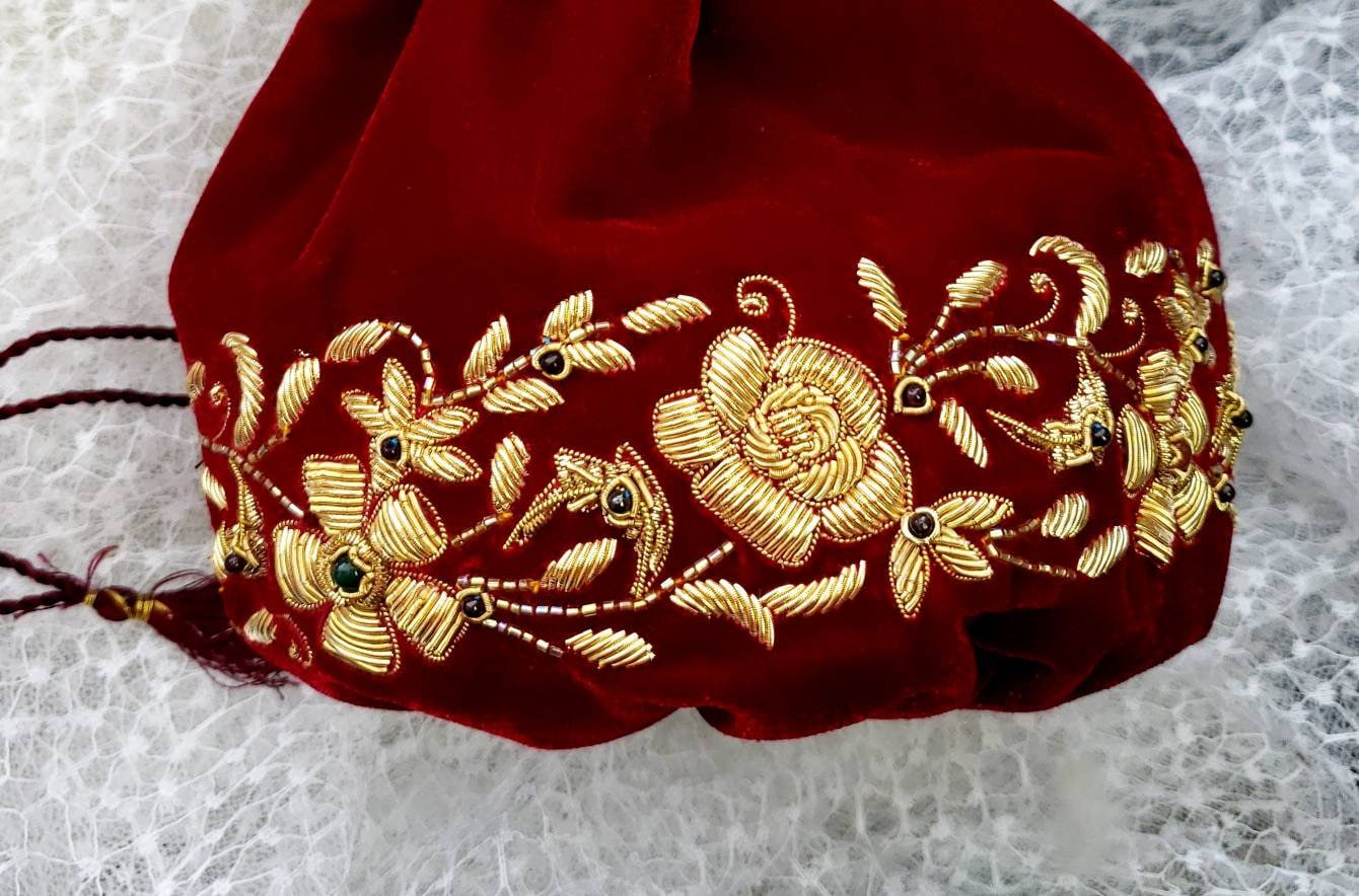 Wedding Red Flocking Velvet Drawstring Potli Bag