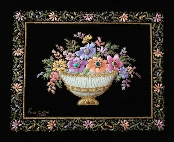 Embroidered Floral Tapestry: Zardozi Needlepoint Art with Semi-Precious Stones