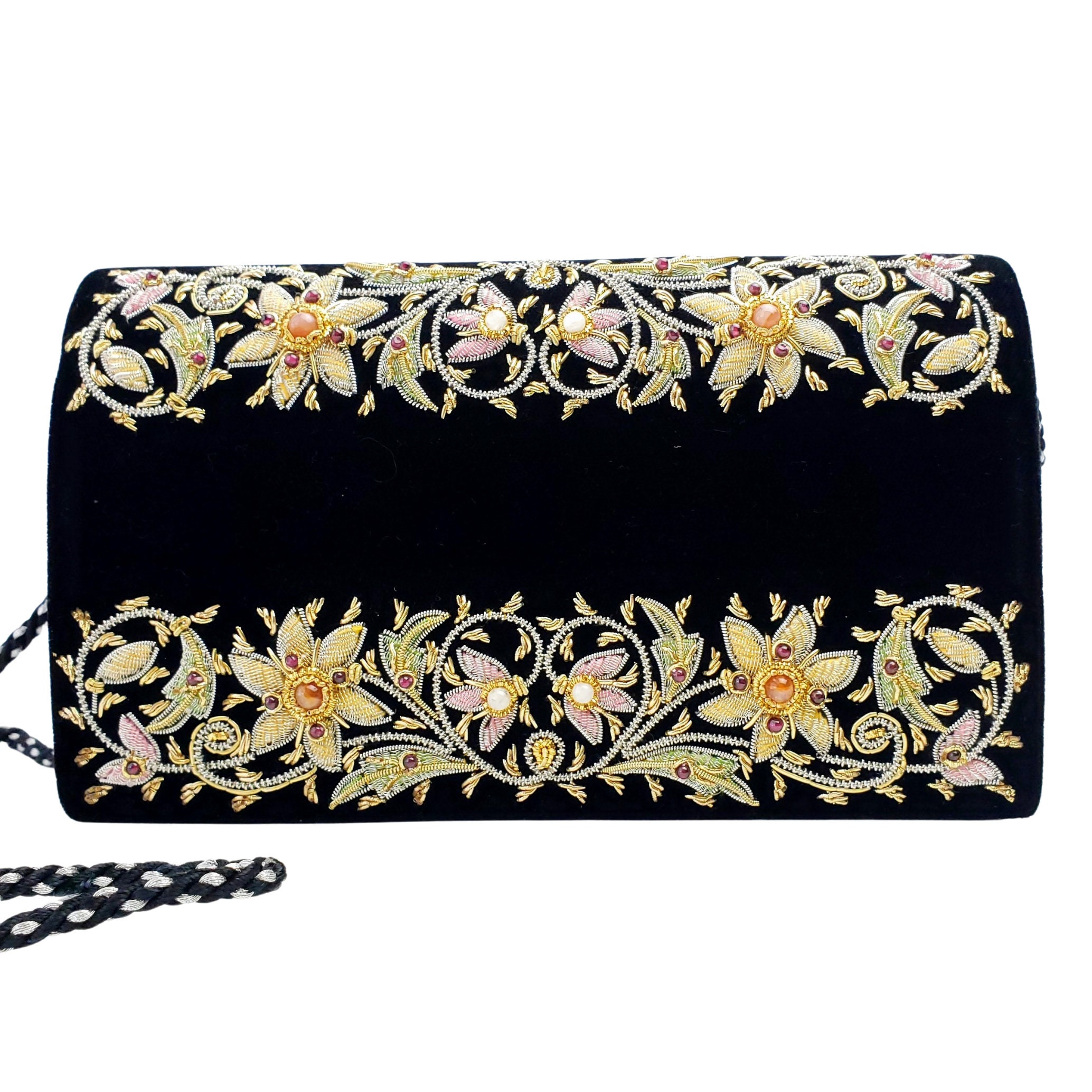 Hand embroidered floral clutch bag, black velvet evening bag with ...
