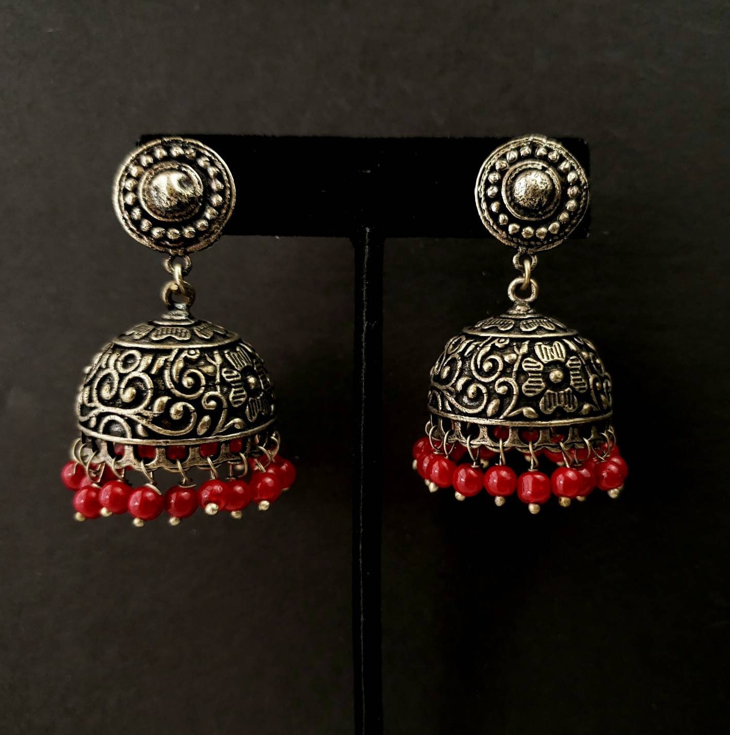 India jhumka earrings in oxidized silver, India jewelry, red bead ...