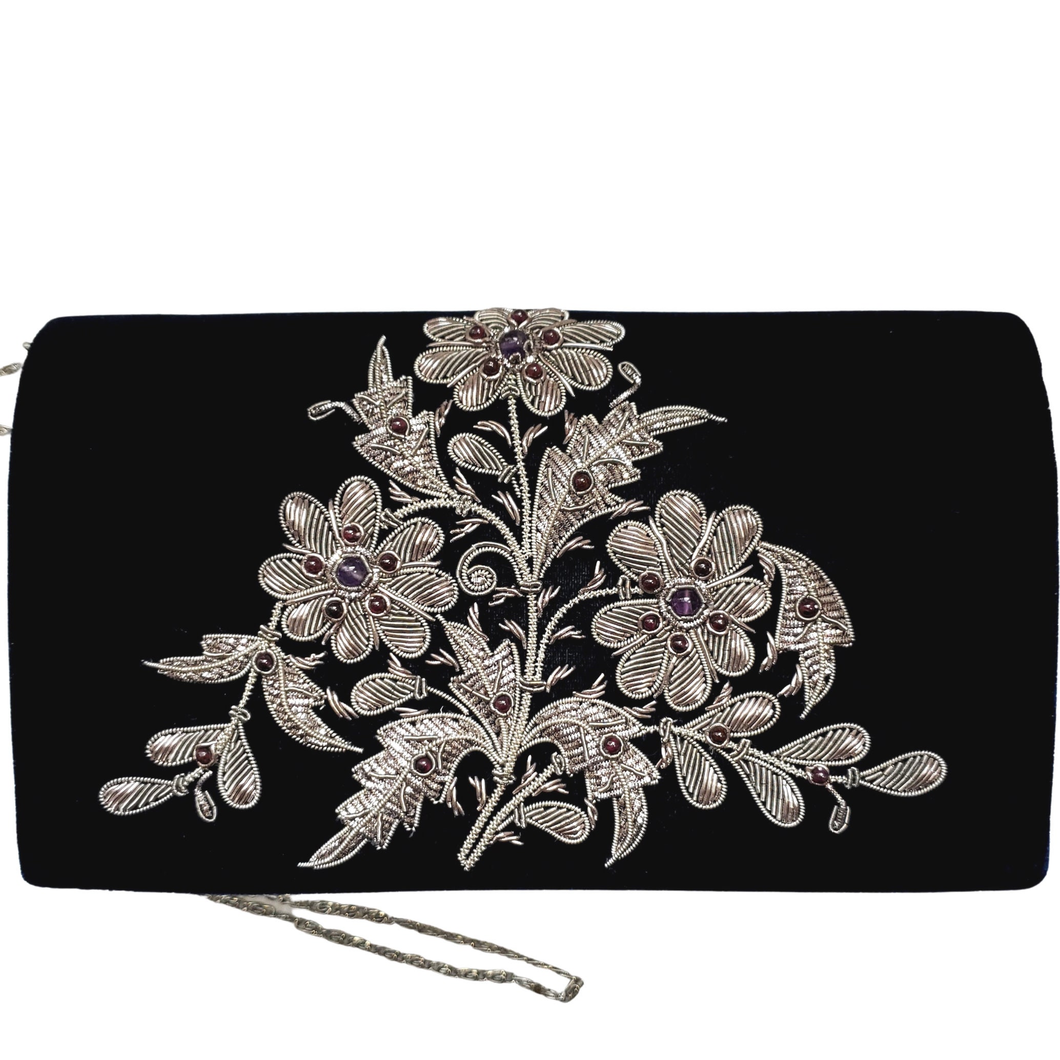 Navy blue velvet evening bag embroidered with antique silver flowers ...