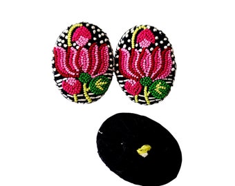 Hand Embroidered Lotus Flower Buttons: Collectible Embellished Craft Buttons