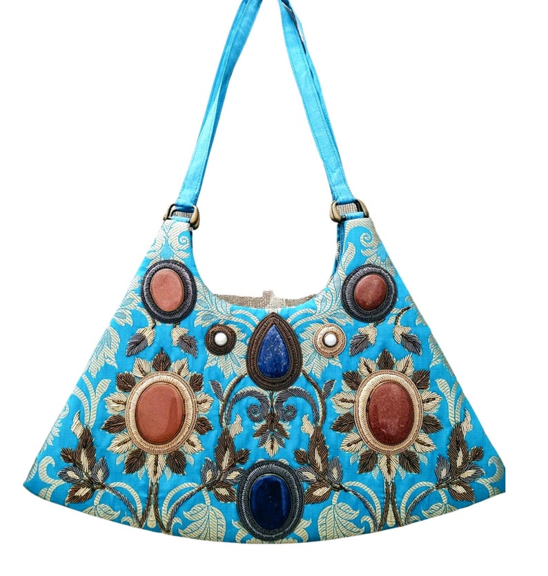 Vintage embroidered handbag, vintage turquoise handbag, OOAK handbag, statement handbag, zardozi handbag, top handle bag, gifts for her image 1