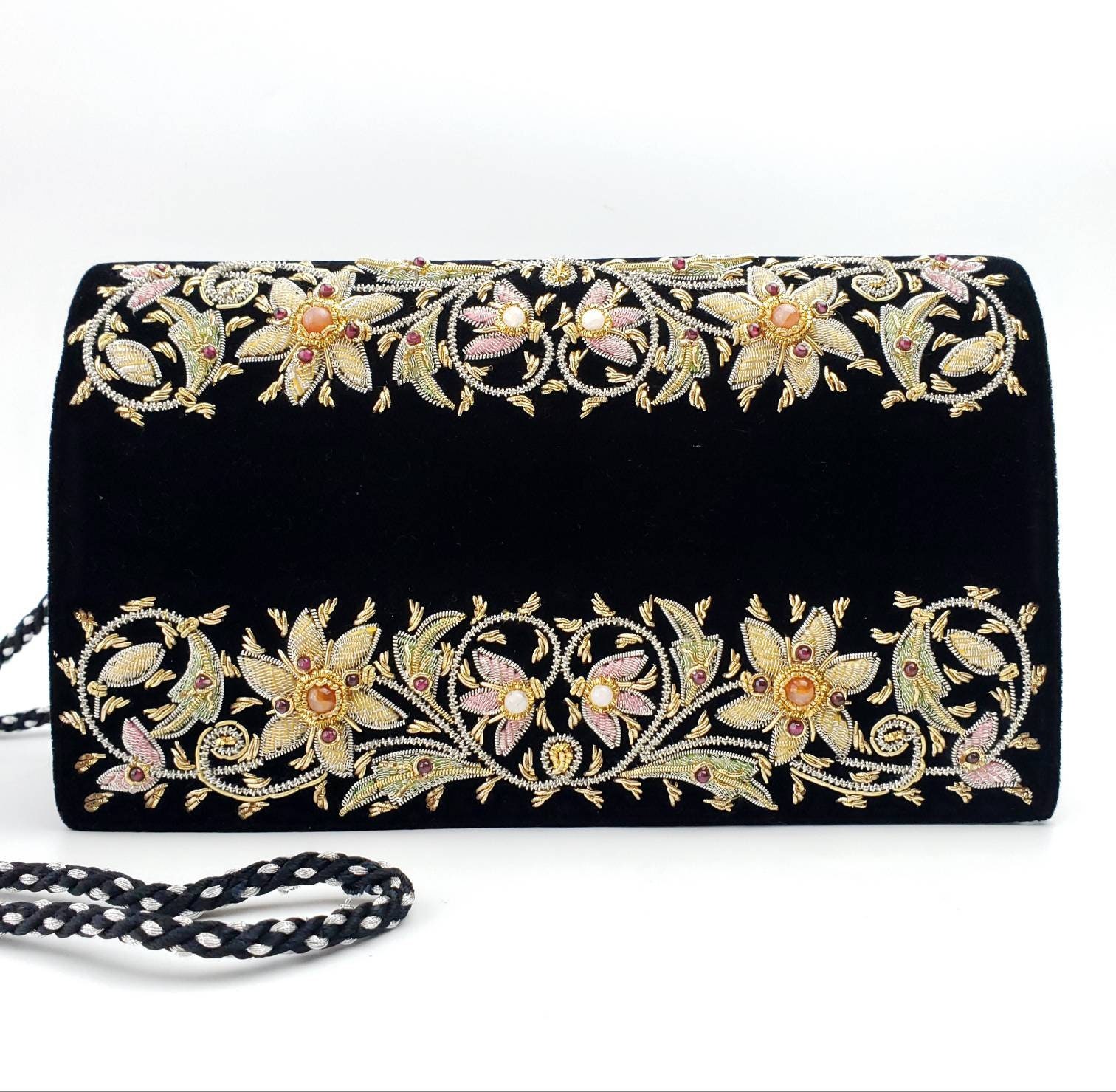 Hand embroidered floral clutch bag, black velvet evening bag with ...