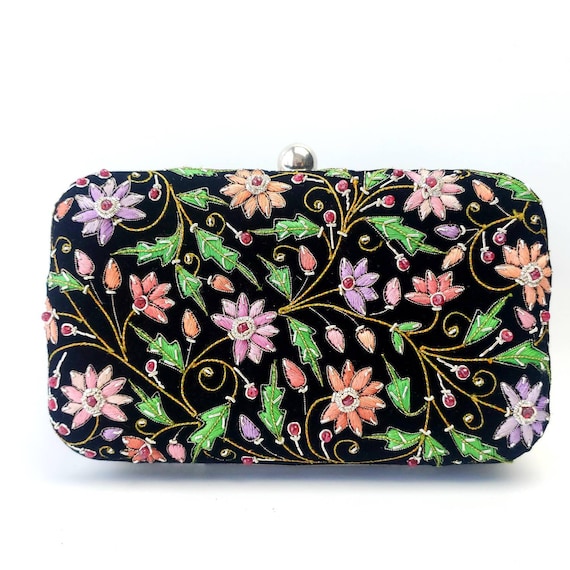 Black velvet evening bag, embroidered floral party clutch, OOAK