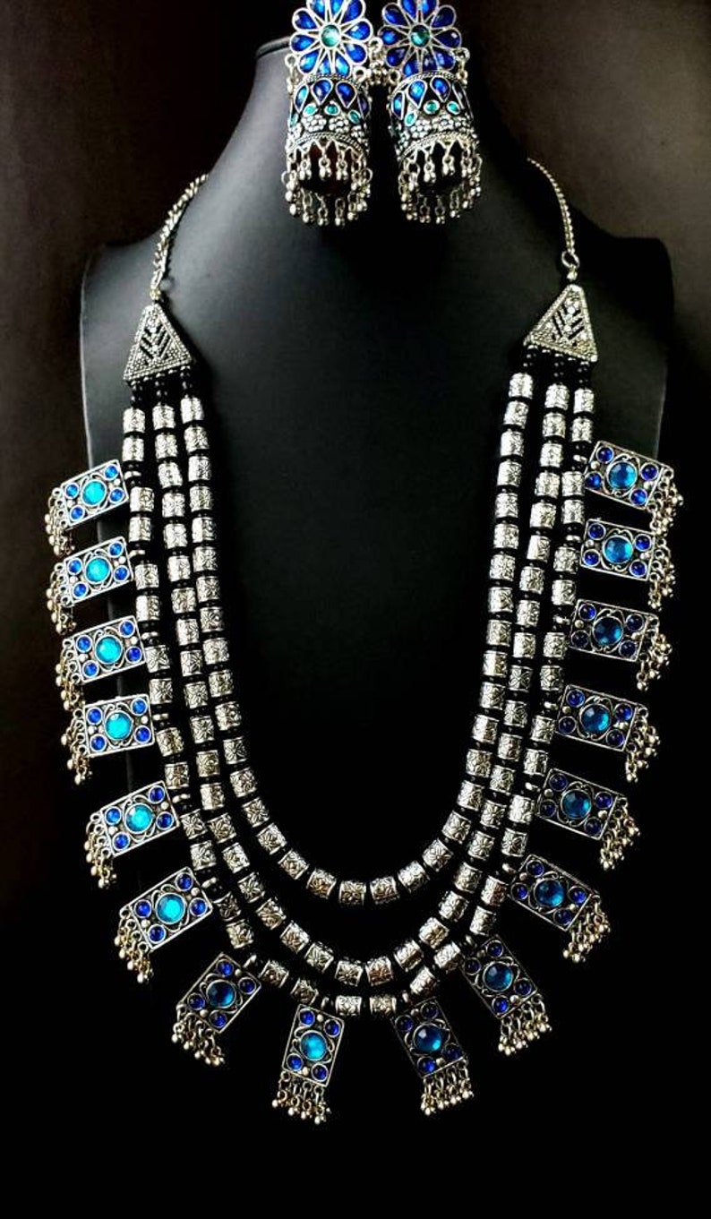 Afghani multistrand blue necklace in oxidized silver,art nouveau necklace,Kuchi tribal medallion necklace,ethnic necklace,bellydance jewelry