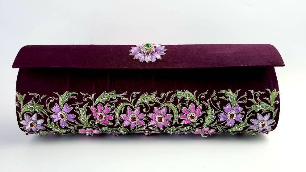 Purple maroon silk evening bag, embroidered pink floral clutch bag
