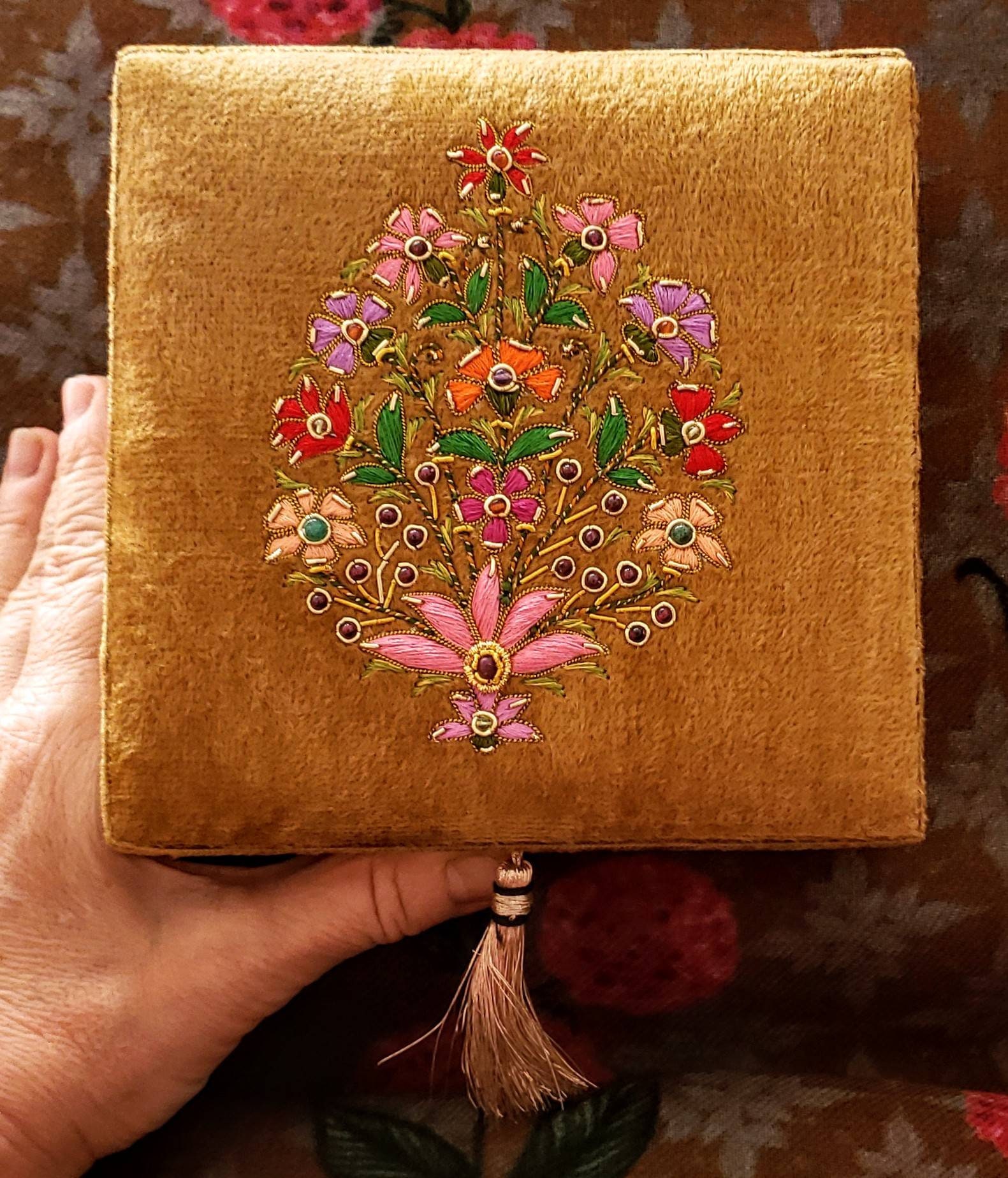 Gold velvet handmade embroidered Jewelry box, velvet gift box, wedding