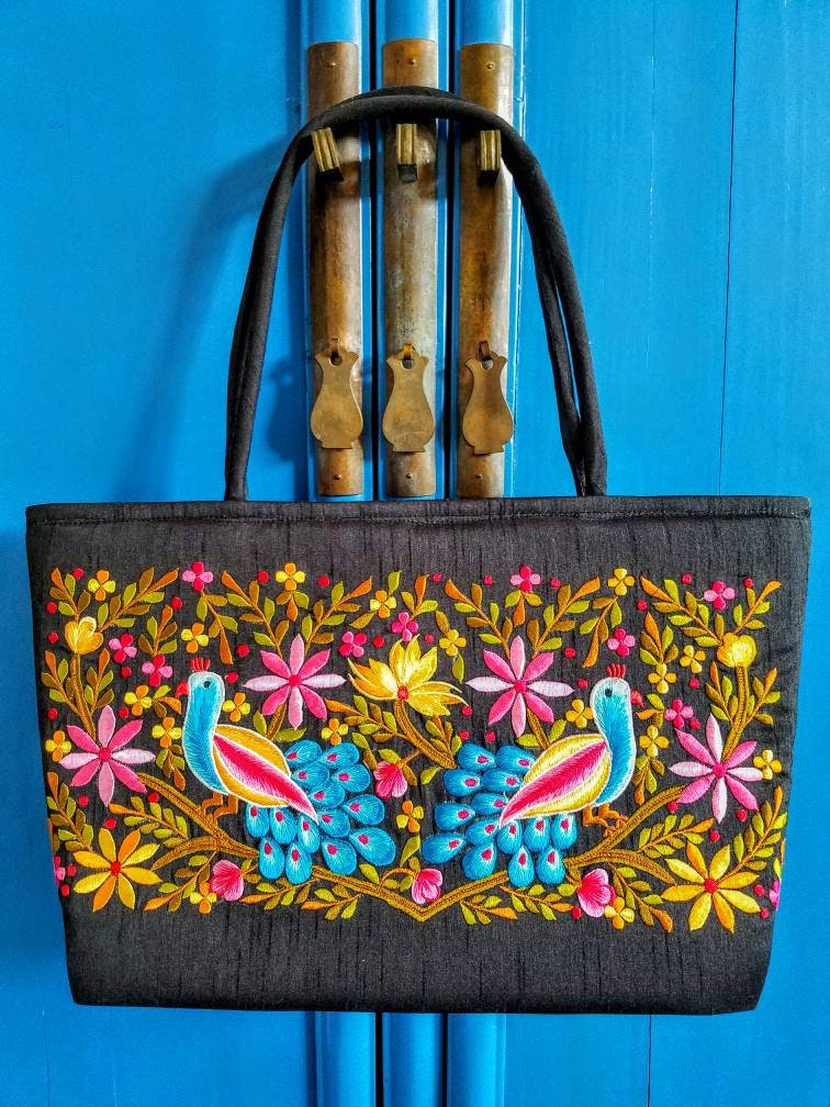 Hand Bag - Silk Fabrication - Peacock Artwork With Ball Handle | Shaabee  Return Gifts