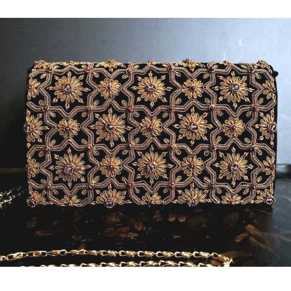 Sac de soir e en velours noir de luxe pochette brod e avec