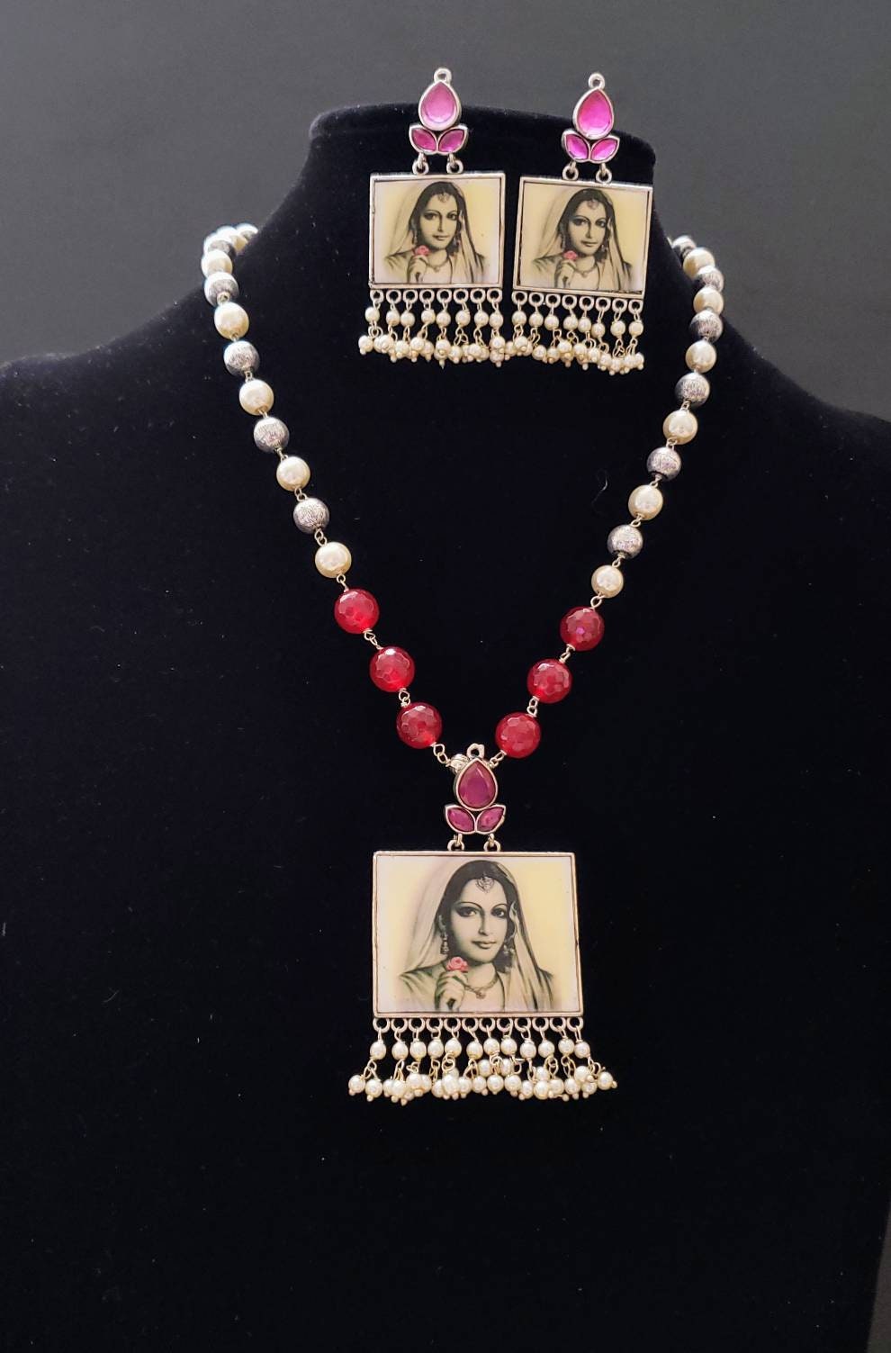 Miniature painting necklace set with CZ ruby and pearls, India