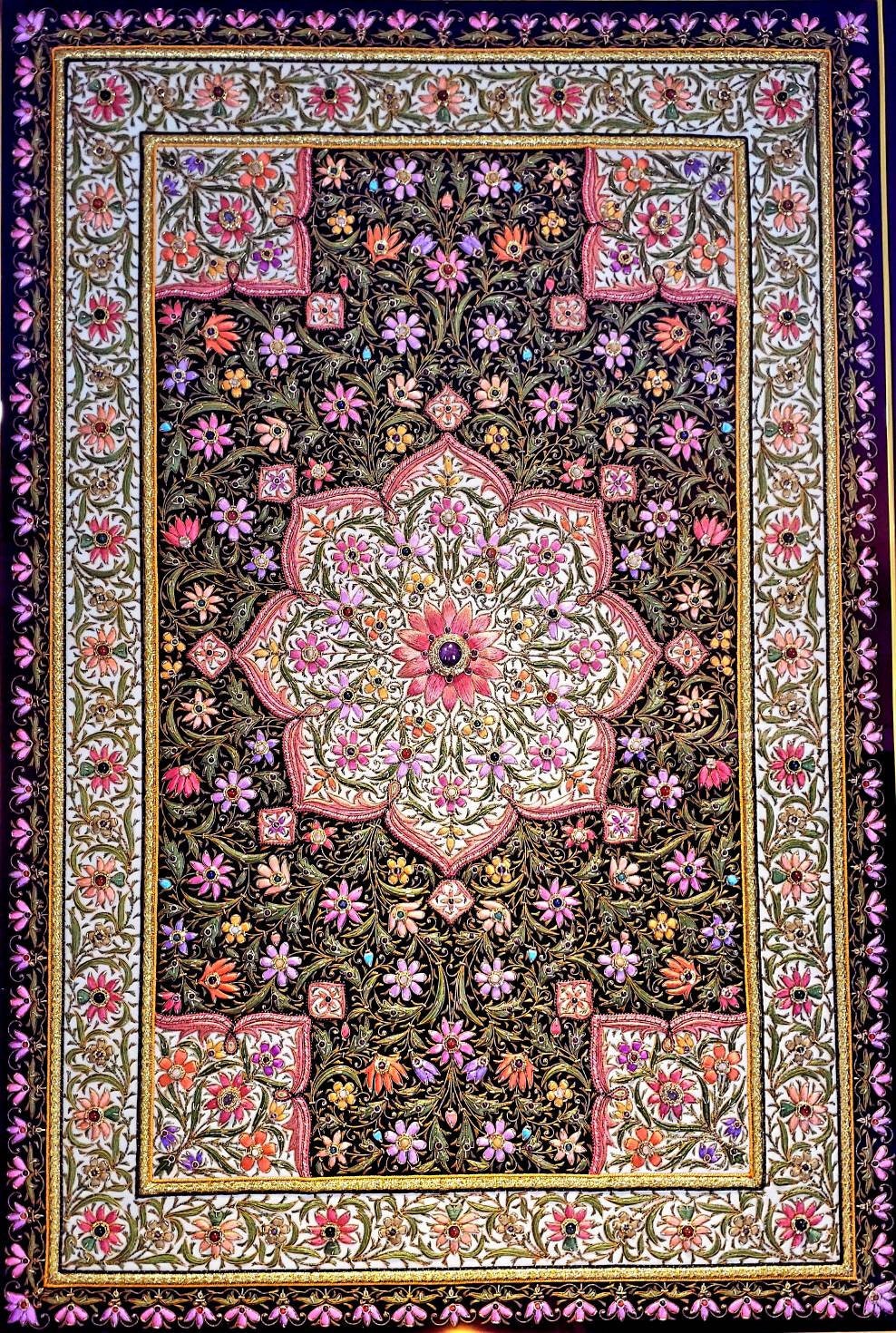 Royal Ancient Silk Jewel Art Wall Hanging Hand Embroidered Jewel Carpet on  Black Velvet With Gemstones Size 41x1.25x36 Cm 