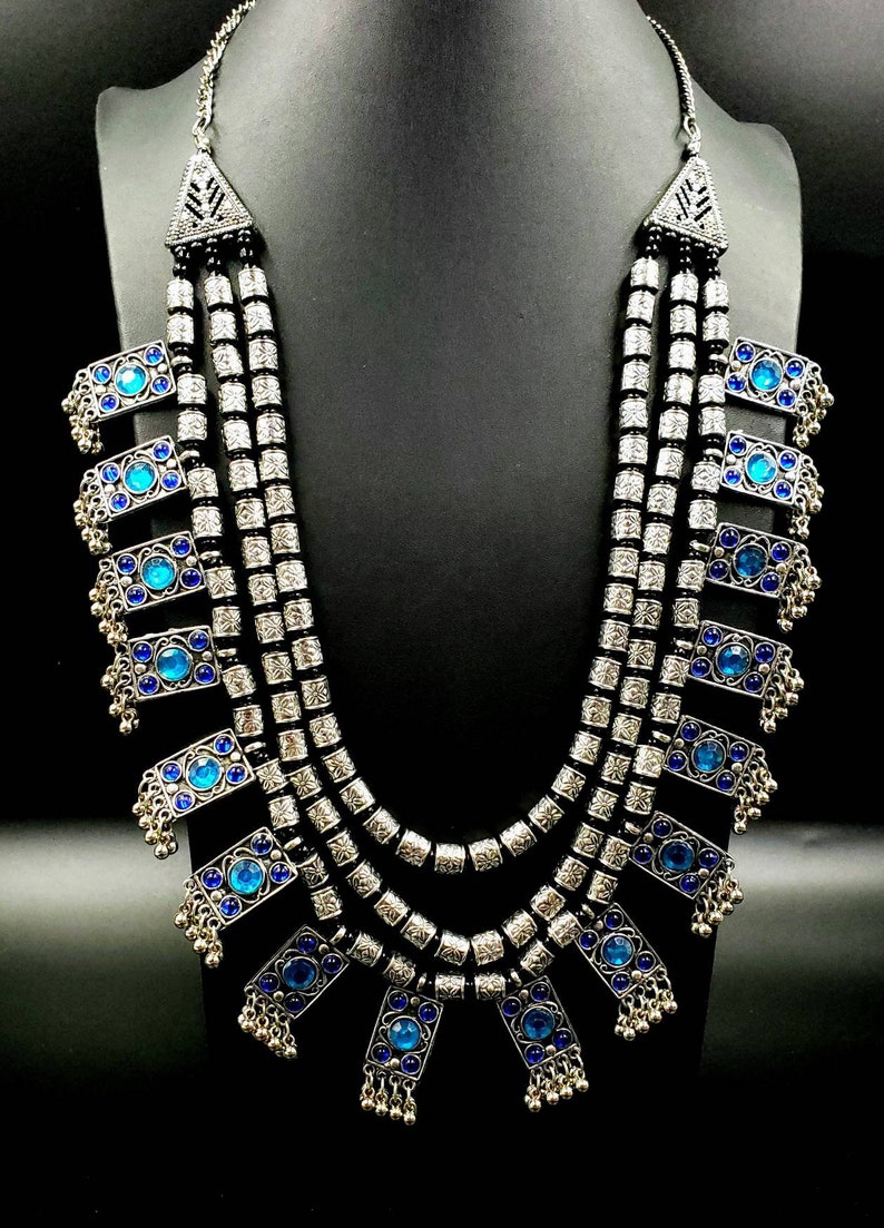 Afghani multistrand blue necklace in oxidized silver,art nouveau necklace,Kuchi tribal medallion necklace,ethnic necklace,bellydance jewelry