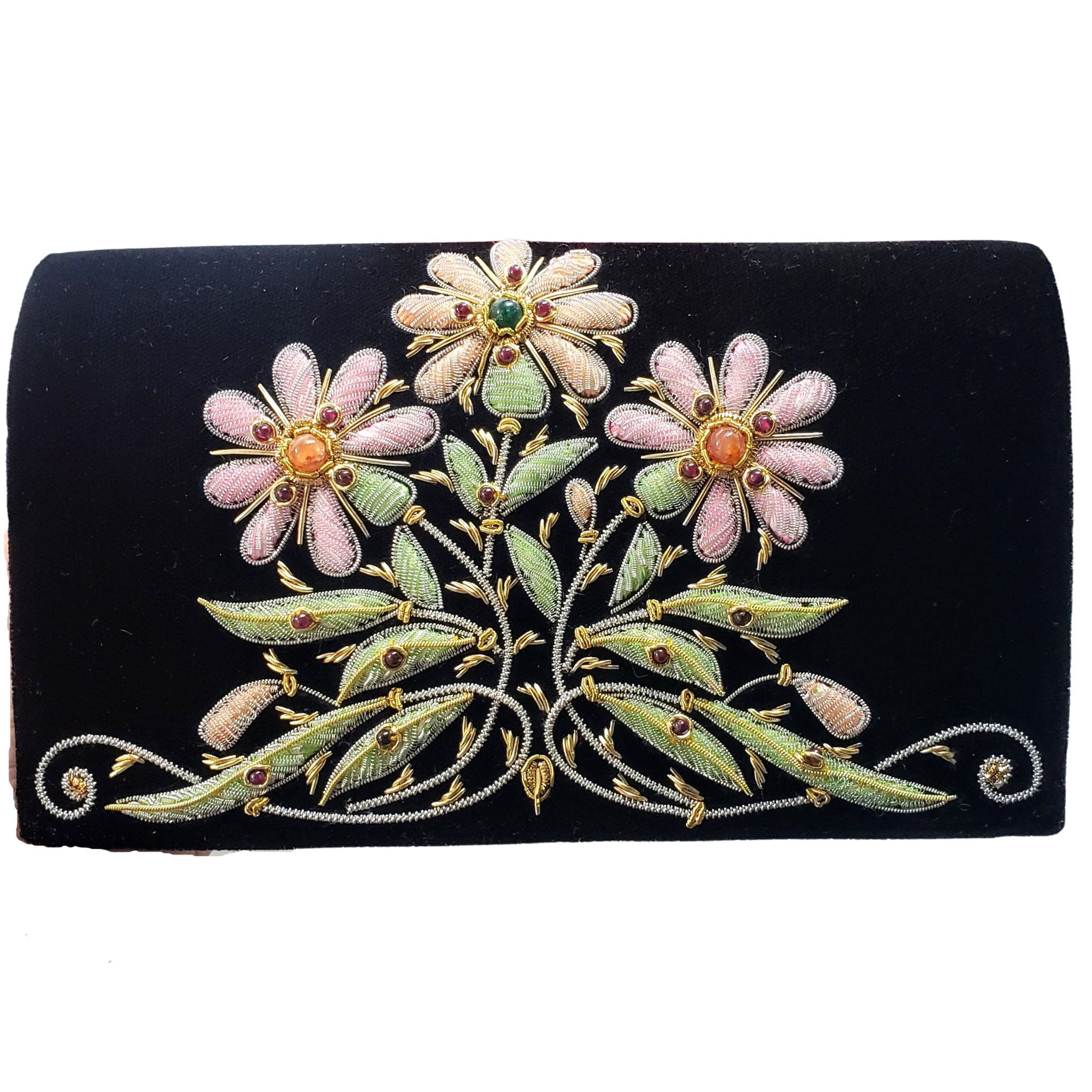 Luxury black velvet evening bag embroidered with pink flowers, embellished  clutch, zardozi purse, formal designer purse, floral handbag,prom