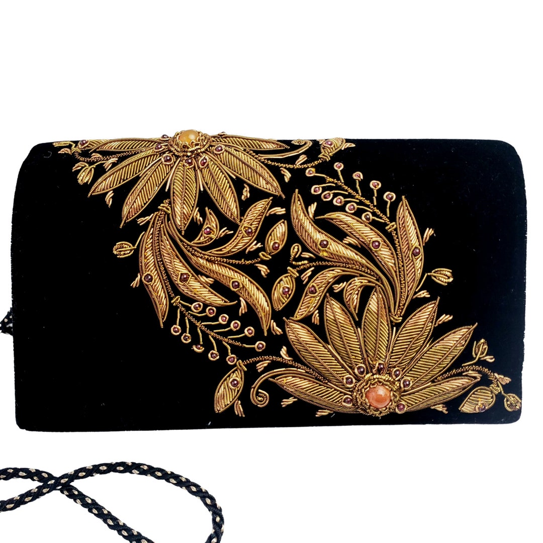 卸し売り購入 Black Luxury Velvet Copper With Embroidered Hand Bag Evening バッグ