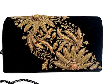 Luxury black velvet evening bag hand embroidered with copper flowers and carnelian stones,OOAK statement clutch, zardozi purse, formal purse