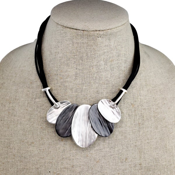 Modern abstract gray silver short pendant necklace on black cord, oval disc collar necklace, OOAK statement bib necklace, dramatic necklace