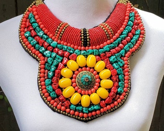 Tibetan red yellow bead bib necklace with brass medallion, Tibetan statement necklace, red blue chunky collar necklace, boho bib necklace