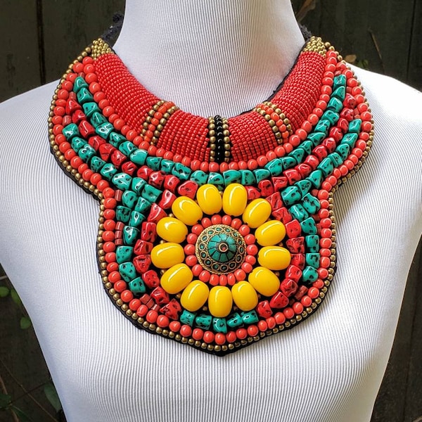 Tibetan red yellow bead bib necklace with brass medallion, Tibetan statement necklace, red blue chunky collar necklace, boho bib necklace