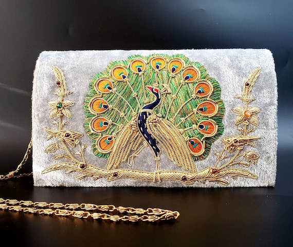 Vintage inspired embroidered peacock handbag, peacock embroidery on brown  Color, zardozi purse, peacock lover gift, bird lover gift