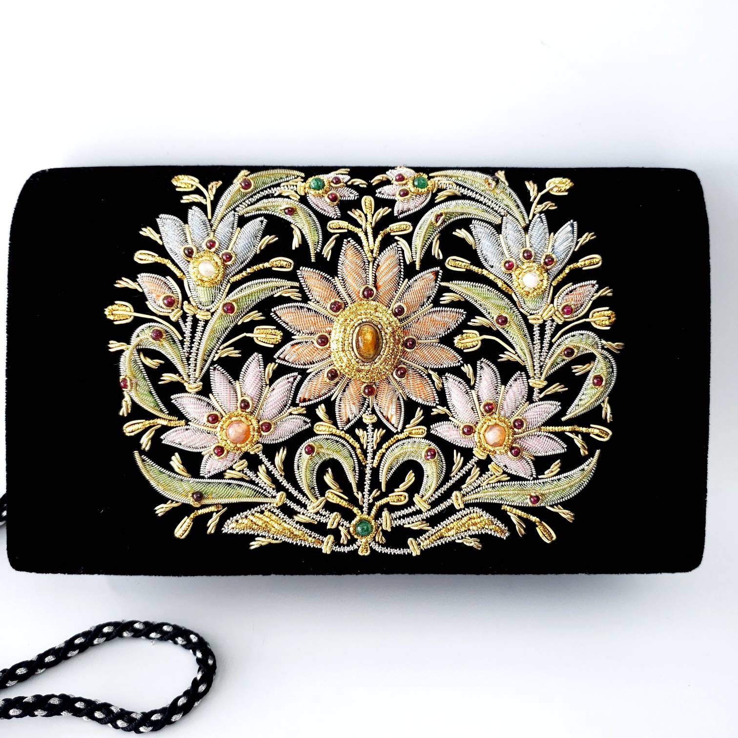Black velvet evening bag, embroidered floral party clutch, OOAK