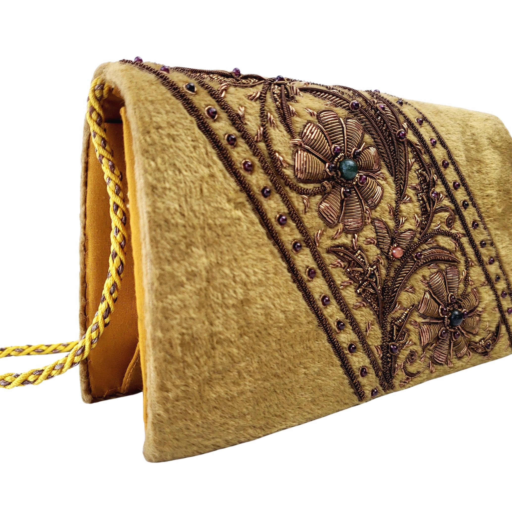 Handmade Embroidered Lovebirds Evening Clutch Bag in Gold by ABURY