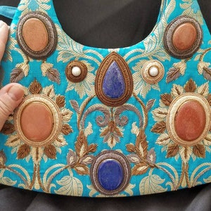 Vintage embroidered handbag, vintage turquoise handbag, OOAK handbag, statement handbag, zardozi handbag, top handle bag, gifts for her image 9