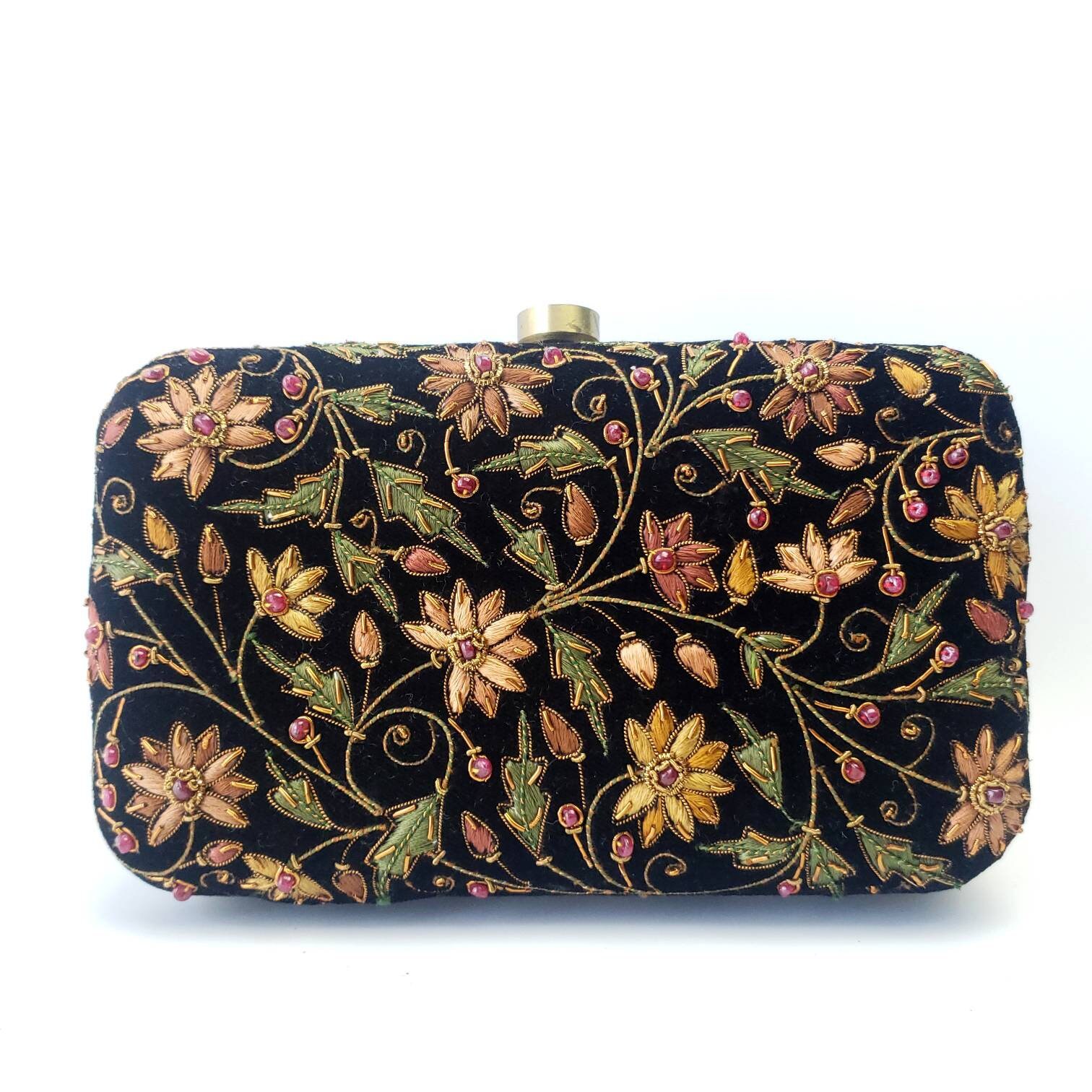 Designer black velvet clutch bag hand embroidered with flowers,luxury